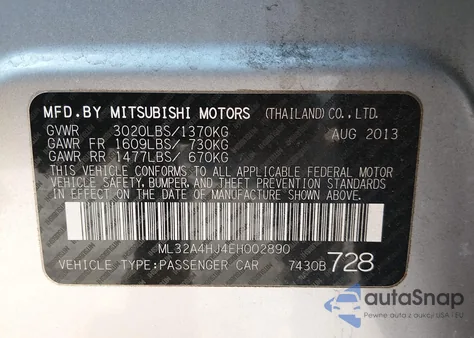 2014 Mitsubishi Mirage Es z USA, uszkodzony, nr VIN ML32A4HJ4EH002890